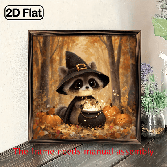 Rustic Halloween Witch Raccoon Wooden Wall Art, 8x8 inch Frame, Decorative Fall Decor Sign, No Electricity Needed, Woodland Witchcraft Theme for Home Decoration