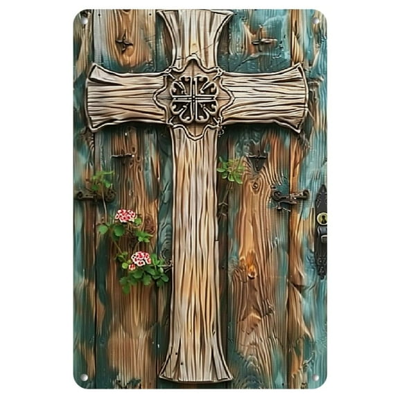 1pc Rustic Iron Celtic Cross Metal Sign - Faux Wall Art with Intricate Knotwork Detailing, Antique Bronze Finish & Weathered Wood Texture, Durable Home Accent for Garden, Bedroom, Garage Decor