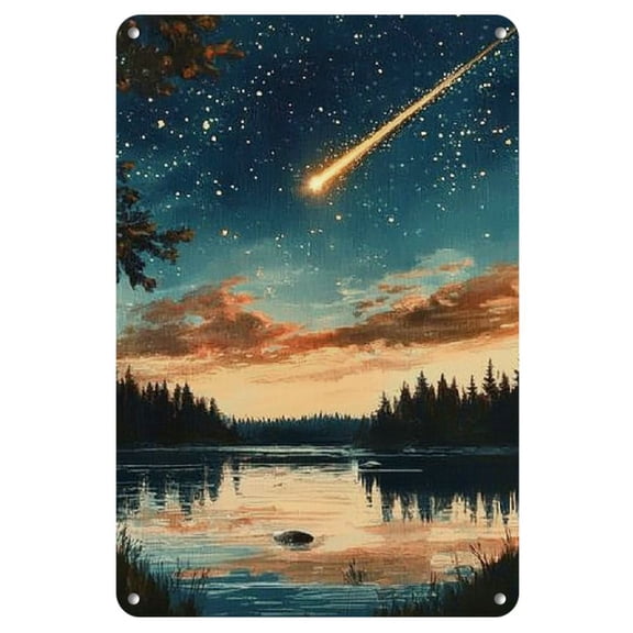1pc Rustic Iron Wall Art, Meteor & Starry Sky Design - Vibrant Nighttime Scene with Reflective Water Details, Ideal for Living Room or Patio Decor, Nature-Inspired Aesthetic, Wall Decor Art
