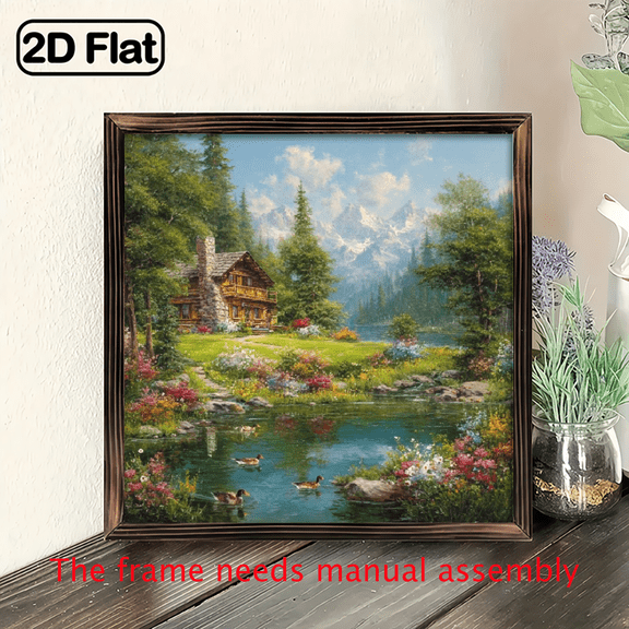 2D Flat, 8x8 Inch Hanging Heart Decorative Wall Sign, Heart Shaped Scenic Landscape Plaque 1pc, Rustic Log Cabin Mountain Lake Art Wall Decor for Garden Patio Living Room Bedroom, Serene Natu