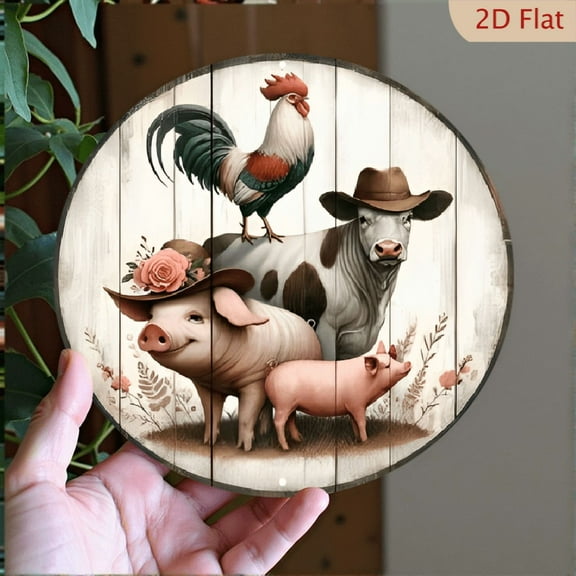 [1pc Rustic Metal Art] Rustic 8*8 Inch Round Aluminum Metal Wall Art 1pc _ Vintage Farm Animal Decor with Chicken, Cow & Pig in Hats, Unique Gift for Farmhouse Style Lovers