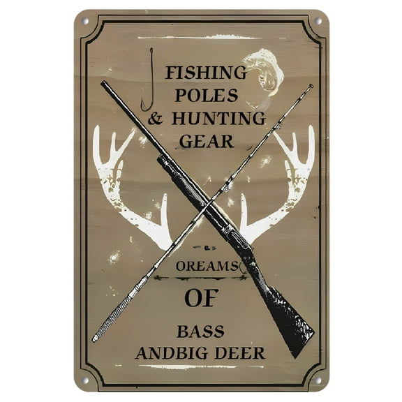 1pc Rustic Metal Sign - 12x8 Inch Fishing & Hunting Themed Decor with Bass and Deer Motif, Frameless Wall Art for Home, Office, Bar, or for Man Cave, Rustic Home Decor | Frameless Metal Sign