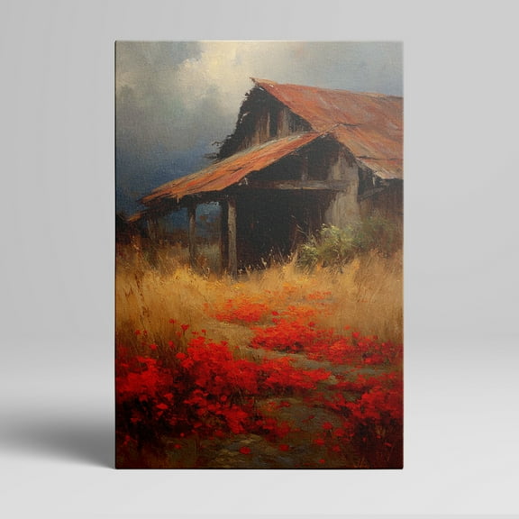1pc Rustic Old Barn with Red Poppies in Golden Field Framed Decor room hanging Wall Picture Decor for Home Gifts, living room, bathroom, bedroom, kitchen wall art decor canvas wall art