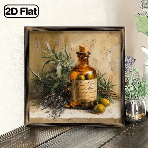 1pc Rustic Olive Oil Herbs Still Life Wooden Sign 8x8 Framed Wall Art with Olive Tree Design, Kitchen Office Decor, No Electricity Needed, Housewarming Gift, Thanksgiving Home Dec