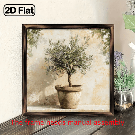1pc Rustic Olive Tree Still Life Textured Wall Art, 8x8'' Wooden Framed Panel Painting, Wall Decor for Home, Office, Bedroom, Living Room, Kitchen, Bar, Restaurant, Room, Painting Art Work
