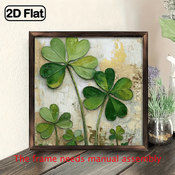 1pc Rustic Shamrock Stems Wooden Wall Art 8x8 Inch Framed Farmhouse Decor with Green Clover Design, Perfect for Entryway, Bedroom, Kitchen, and Bathroom Stylish Irish St Patrick's Day Home De