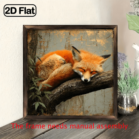 1pc Rustic Sleeping Fox on Tree Branch Wooden Frame Wall Art - Vintage Farmhouse Decor, 8x8 Inch Recycled Wood Sign for Living Room, Bedroom, Office, No Batteries Needed, Fox Decor, Office Artwork