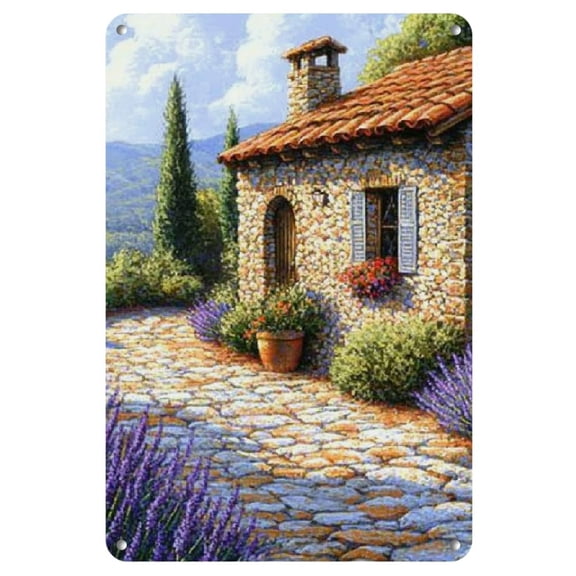 1pc Rustic Stone House Metal Sign, 12x8 inches, Indoor/Outdoor Wall Art, Iron, Christmas/Halloween/Graduation/Beach Party/Anniversary Decor, with Terracotta Pots, Lavender, Cobblestone Path