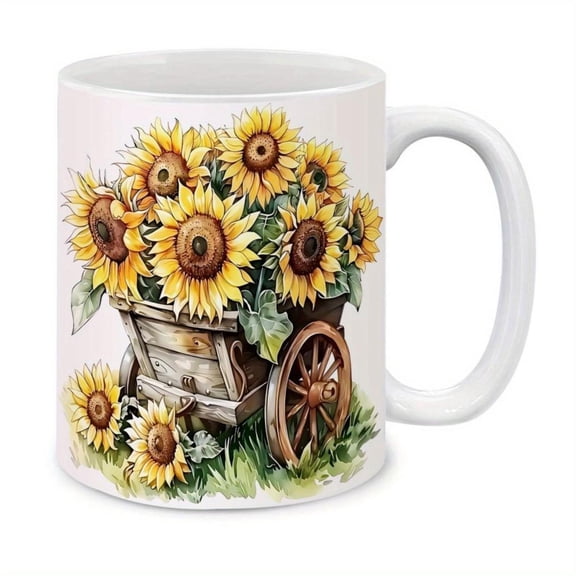 1pc Rustic Sunflower Cart 11oz Ceramic Mug Charming Breakfast Coffee Cup with Vibrant Floral Design Home Office Parties Weddings Holiday Gifts Coffee Bar Accessories