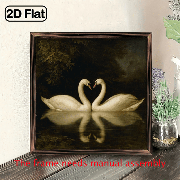 1pc Rustic Two White Swans Wooden Framed Wall Art - 8x8 Inch Vintage Black White Swan Painting, Handcrafted Wood Frame Home Decor for Entryway, Living Room, Bedroom