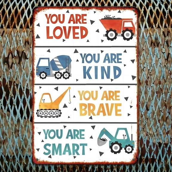 1pc Rustic Vintage Construction Truck Metal Wall Art Sign - 12x8 Inch Iron Inspirational Decor with "You Are Loved, Kind, Brave, Smart" Quotes - Encouraging Gift for Teen Boys, Boys' Room, Bedroom