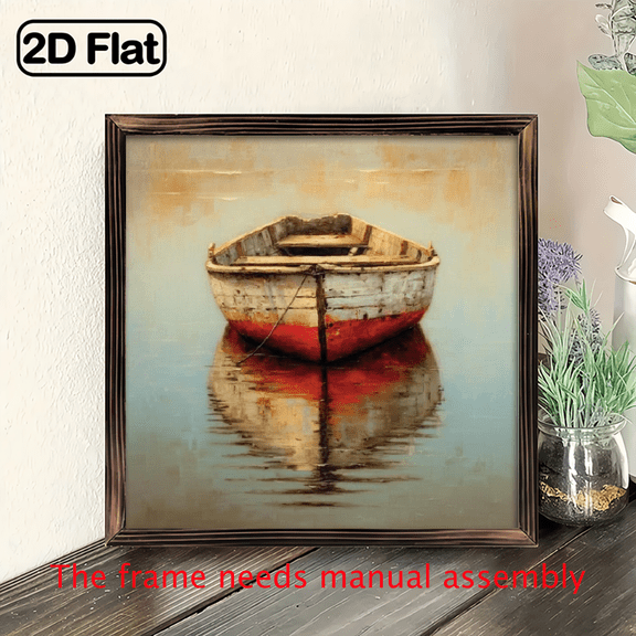 1pc Rustic Vintage Wooden Rowboat Lake Reflection Wall Art - 8x8 Inch Reclaimed Wood Frame, Calm Water Theme Farmhouse Cottage Decor for Living Room, Bedroom.