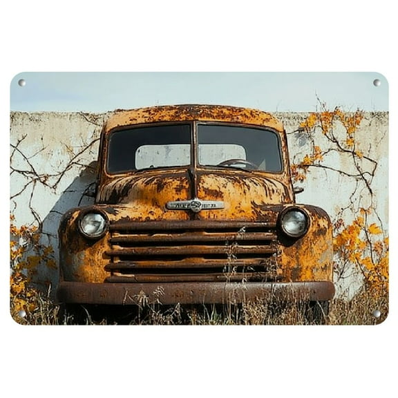 1pc Rustic Vintage Yellow Pickup Truck Iron Sign, 12x8 inches - Weathered Look with Autumn Foliage, Ideal for Home, Bedroom, Bar, Cafe, Office, or Farmhouse Wall Decor, Metal Outdoor Decor