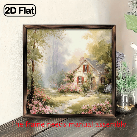 1pc Rustic Watercolor Cottage Garden Scene Wooden Wall Art 8x8 Inch Farmhouse Decor with Charming Cottagecore Theme, Vibrant Floral Design for Bedroom, Living Room, or Office, Cottagecore Ho