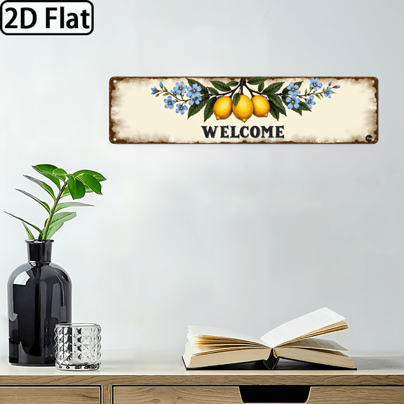 1pc Rustic Welcome Lemon Blue Flower Sign - Citrus Blossom Theme, Vintage Farmhouse Wall Decor for Kitchen, Porch, Entryway, IndoorOutdoor Use, 4x16 Inch, Indoor Outdoor Sign Citrus Th