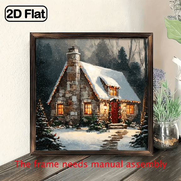 1pc Rustic Winter Farmhouse Wooden Framed Wall Art - 8x8 Inch Snowy Christmas Cabin Sign with Cozy Log Cabin, Snowman Pine Trees, Horizontal Hanging for Farmhouse,, Bedroom, Bathroom - Perfec