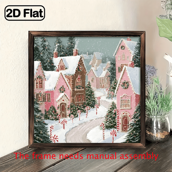 1pc Rustic Winter Farmhouse Wooden Framed Wall Art Sign - Snowy Christmas Village Painting with Candy Canes Snowy Houses, 8x8 Inch Wood Outdoor Holiday Decor for Xmas.