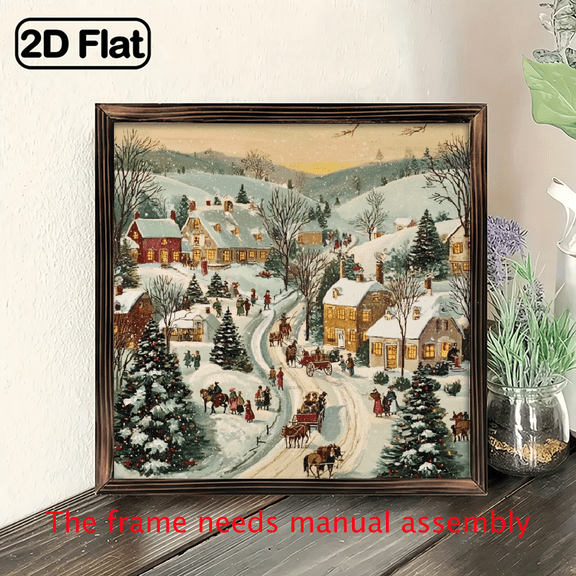 1pc Rustic Winter Village Scene Wood Framed Sign 8x8 inch Farmhouse Christmas Wall Hanging with Snowy Village, Horse-Drawn Sleigh Warm Lighting, Cozy Cottage Snowman Design, Perfect for Holiday Ho