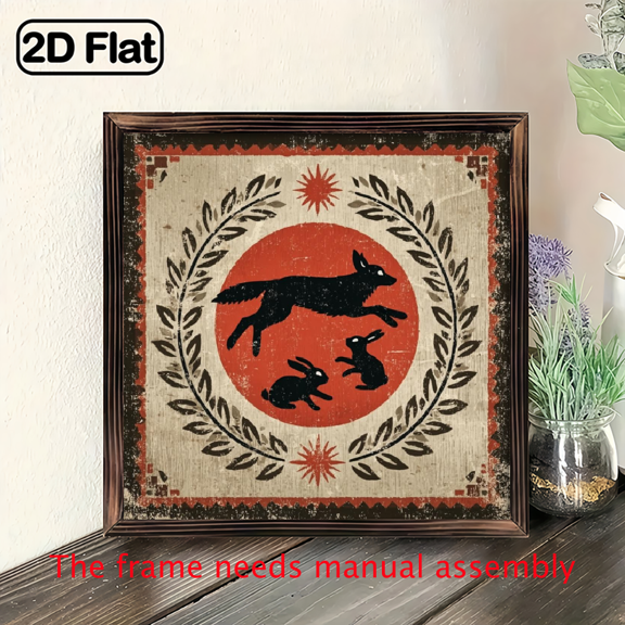 1pc Rustic Wolf Rabbit Red Sun Wall Art - 8x8 Inch Vintage Wood Sign with Laurel Wreath Frame, Wolf Rabbit Animal Decor for Farmhouse, Living Room, Bedroom, Kitchen - Composite Wood Hanging