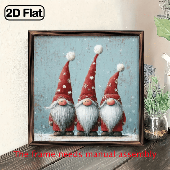 1pc Rustic Wood Framed Christmas Gnomes Snowflakes Wall Hanging Sign - 8x8 Inch Farmhouse Winter Decor with Wood Frame, White Painted Gnomes, Holly Berries Pine Cones - Cozy Holiday Decoratio