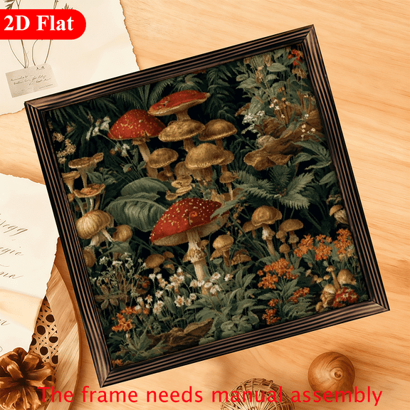 1pc Rustic Wood Framed Mushroom Garden Wall Art - Vintage Farmhouse Style 12x12 Inch Square Mushroom Painting with Red, Brown Green Botanical Print, Natural Wood Frame for Entryway, Kitchen Dec