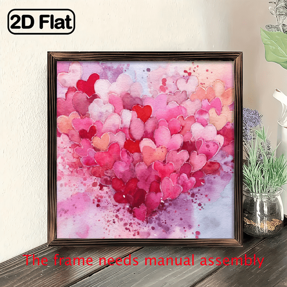 1pc Rustic Wood Framed Watercolor Hearts Square Rectangle Wall Hanging Sign Suitable for Valentine's Day Gift, Wedding Anniversary Decor, 8x8inch, Wood Frame.