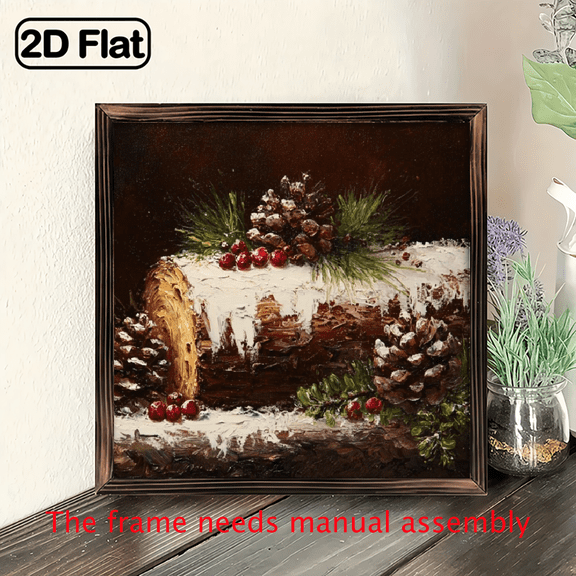 , 1pc Rustic Wood Framed Yule Log Wall Art Sign 8x8 Inch Farmhouse Christmas Decoration with Log Cabin Style, Snowy Branches Red Berries, Wood Grain for Mantel, Shelf, or Door Holiday Dcor