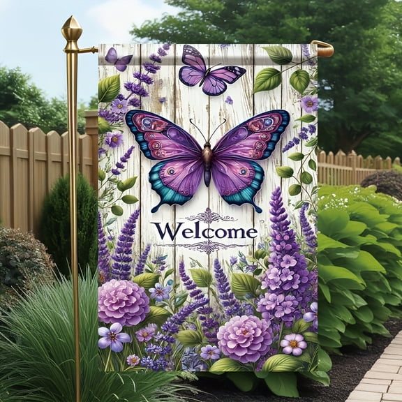1pc, Rustic Wooden Butterfly Welcome Garden Flag, Measuring 18X12 Inches, Made of Polyester for Lawn And Home Decoration, Does Not Require Electricity, Flagpole Not Included.