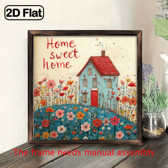 1pc Rustic Wooden Frame Wall Art, "Home Sweet Home" Inspirational Decor with Vibrant Floral Cottage Design, 8x8'', Perfect for Bathroom, Hot Tub, or Home Gift, Bathroom Wall Decor Rustic Wooden