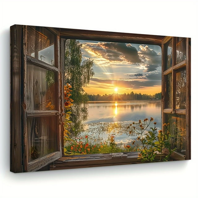 1pc Rustic Wooden Framed Canvas Painting, Serene Lake View Mural, Wall