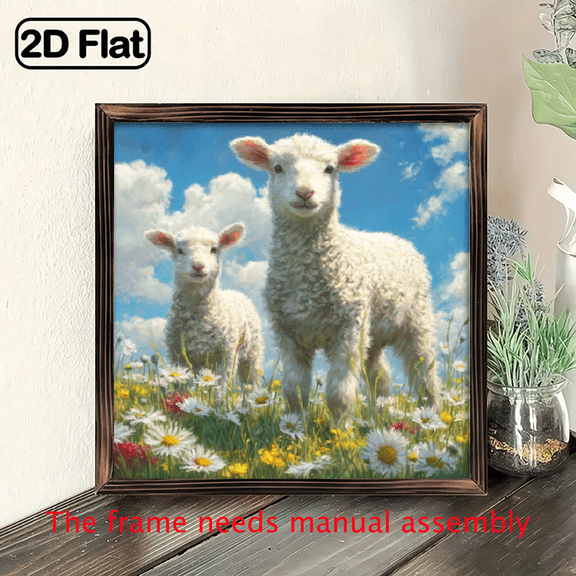 1pc Rustic Wooden Framed Wall Art Sheep in Wildflower Field with Blue Sky Clouds, 8x8 Inch Farmhouse Decor for Home, Kitchen, Vintage Easter Gift, No Electricity Needed, Kitchen Artwork Art