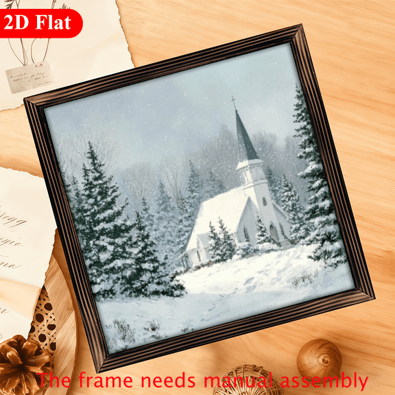 1pc Rustic Wooden Framed Winter Church in Snow Wall Art - 12x12 Inch Nordic Farmhouse Christmas Decoration, White Church with Snow-Covered Pines Sturdy Wood Frame, Tabletop or Wall-Mountable Co