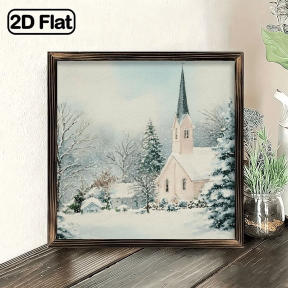 1pc Rustic Wooden Framed Winter Church in Snow Watercolor Painting 8x8 Inch Nordic Farmhouse Holiday Decor, Cozy Winter Scene Wall Art for Living Room, Bedroom, Office, No Batteries Needed