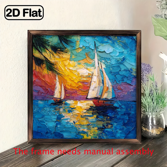 1pc Rustic Wooden Sailing Seascape Wall Art, 8x8 Inch Polished Finish, Nautical Abstract Oil Painting Style Vibrant Sailboat Scene with Sunset Reflection, Perfect for Bedroom, Cafe Store Decor