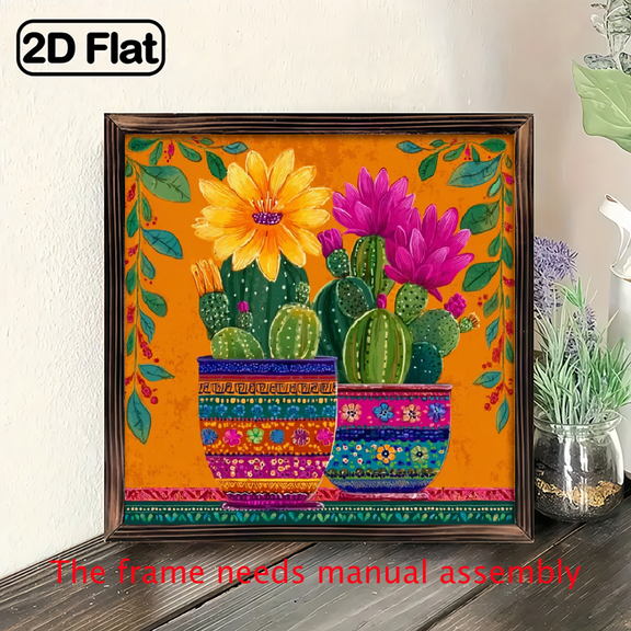 1pc of a Rustic Wooden Sign Featuring a Vintage Cactus And Flower Design in Colorful Pots, Perfect for Decorating Walls in Your Living Room, Bedroom, Kitchen, Office.8*8in.