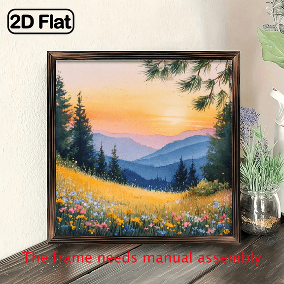 1pc Rustic Wooden Sunset Landscape Wall Art - 8x8 Inch Framed Country-Style Decorative Sign with Serene Meadow Mountain Scene, Vibrant Wildflowers Warm Sunset Hues, Perfect for Home, Living Room