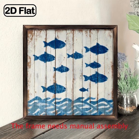 1pc Rustic Wooden Wall Art - Ocean Fish Pattern Blue White Nautical Decor, 8x8 Inch Polished Wood Painting for Home Office Garden Bathroom, Holiday Gift for Mothers Day Weddings Graduation, Bathroom