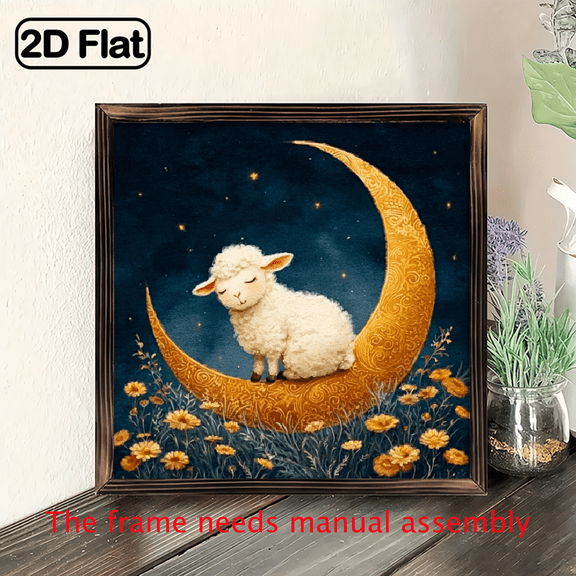 1pc Rustic Wooden Wall Art Sign Crescent Moon with Lamb Flowers Celestial Dream Theme, 8x8 Inch Handcrafted Recycled Wood Decor for Bedroom, Living Room, Nursery, Wedding Gift