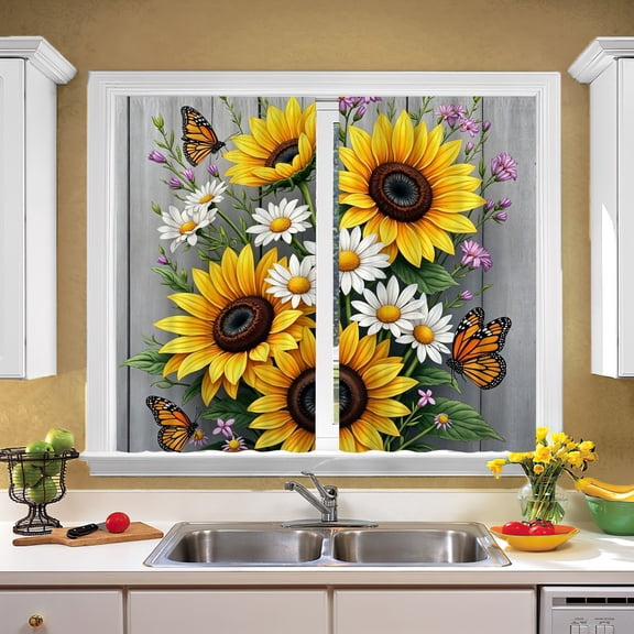 1pc Rustic Yellow Sunflower Monarch Butterfly Curtain, Decorative Curtain for Small Kitchen Window Bookshelf Cabinet, Farmhouse Floral Room Decor, Thanksgiving & Christmas Gifts