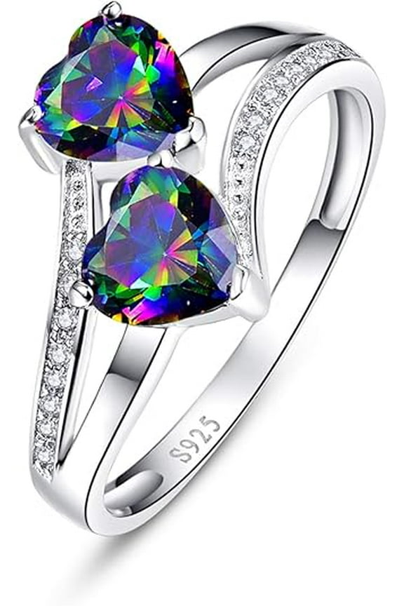 1pc S925 Sterling Silver fashion sweet romantic cute two 6x6mm Heart Shape Simulated Mystic Rainbow Topaz Double Heart Promise Ring for Women