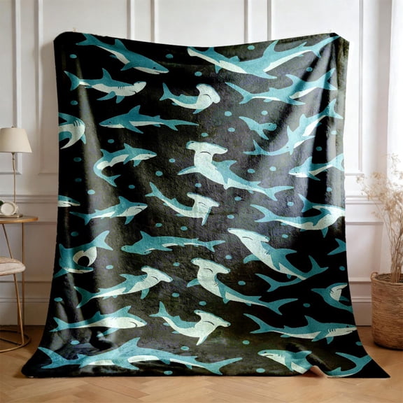 1pc SHARK Blanket - Soft Flannel Throw with Turquoise Blue & Black Marine Design | All-Season Cozy Bedspread for Home, Travel, Camping, Office - SHARK Lovers Gift for Boys, Girls, Adults - Marine