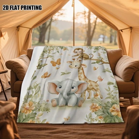 1pc Safari Animals Nursery Bedspread Soft Flannel Bed with Elephant Giraffe & Calf Patterns Cozy All Season Blanket for Room Decor Nursery Bedding Accessory (Multicolor)