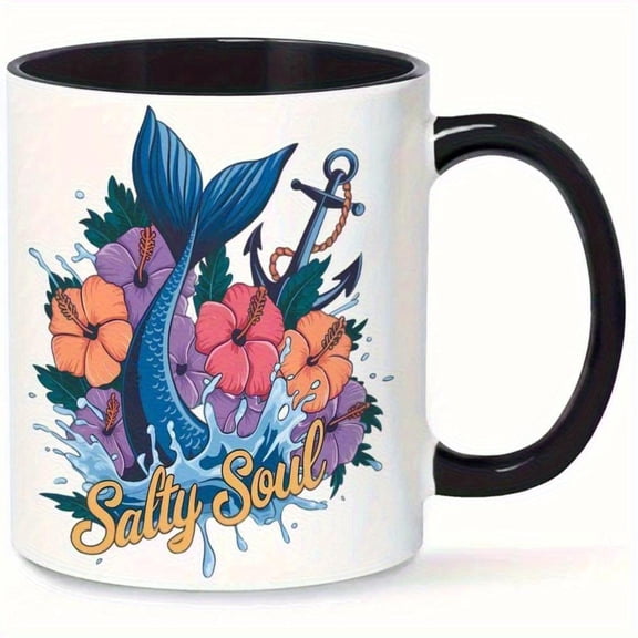 1pc Salty Soul Fish Anchor Mug 11oz Vibrant Nautical Tropical Design with Colorful Fish Coral Reef Leaves Hand Wash Only Reusable Coffee Juice Cup Fun Kitchen Dining Beverage Conta