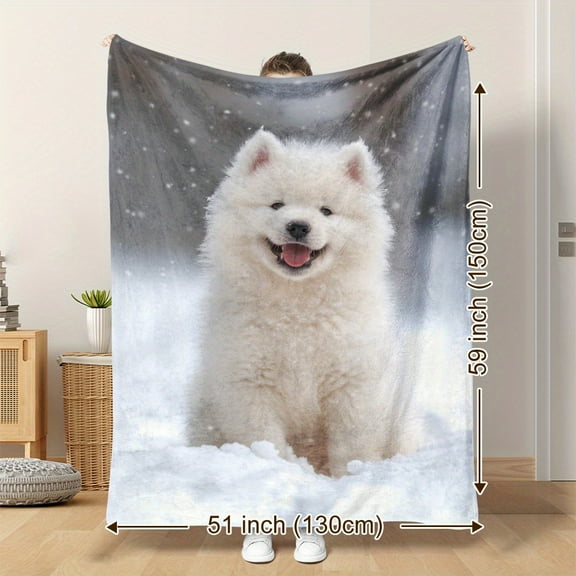 1pc Samoyed Dog Print Fleece Blanket, 51x59 inches, Soft and Warm, Digital Print, Contemporary Style, All-Season, Home & Office Decor, Ideal for Naps, Camping, Travel, Car Use