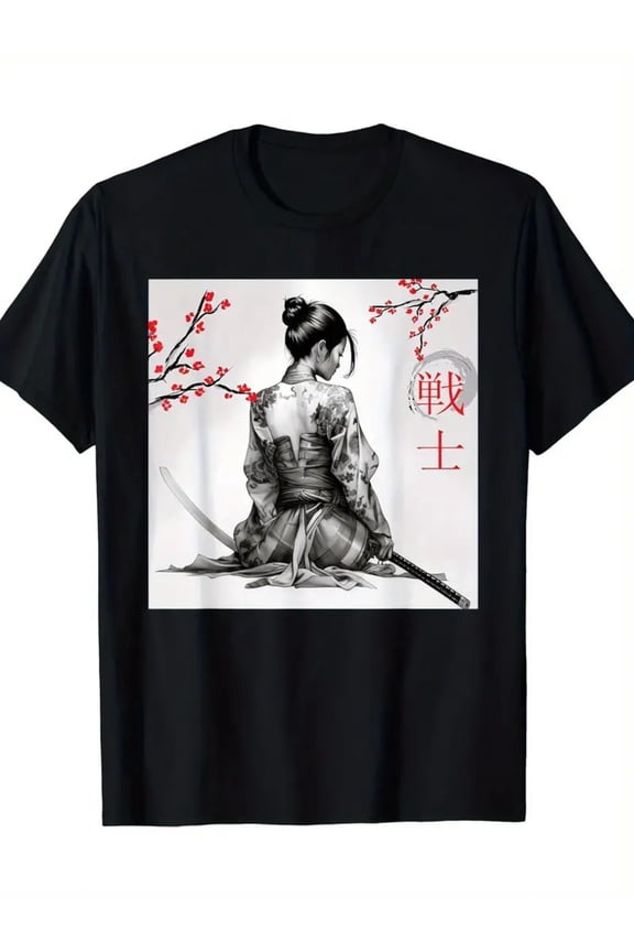 [1pc Samurai Girl Cherry Blo Blossom Graphic T-Shirt, Cotton Blend, Crew Neck, Medium Stretch, Geometric-Pattern, Mature Style, Regular Fit, for Adults, All-Season Knit Fabric Top