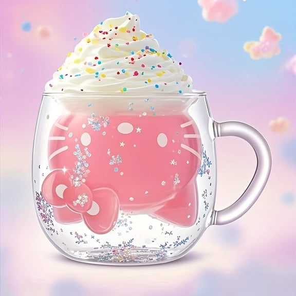 1pc Sanrio for hello kitty Double-Layer Vacuum Glass Cup - Coffee Cup - Ice Cream Cup, Featuring a Cat-Shaped Inner Design, Perfect for Home, Office, And Outdoor Travel.