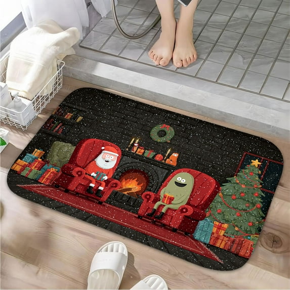 1pc Santa Claus and a Green Absorbent Non-Slip Bathroom Thickened Flannel Rug Decor,Soft,Quick Drying,Suitable For Indoor/outdoor Use,Bathrooms,Bedrooms,Kitchens,Terrace,Laundry Rooms,16"x24"