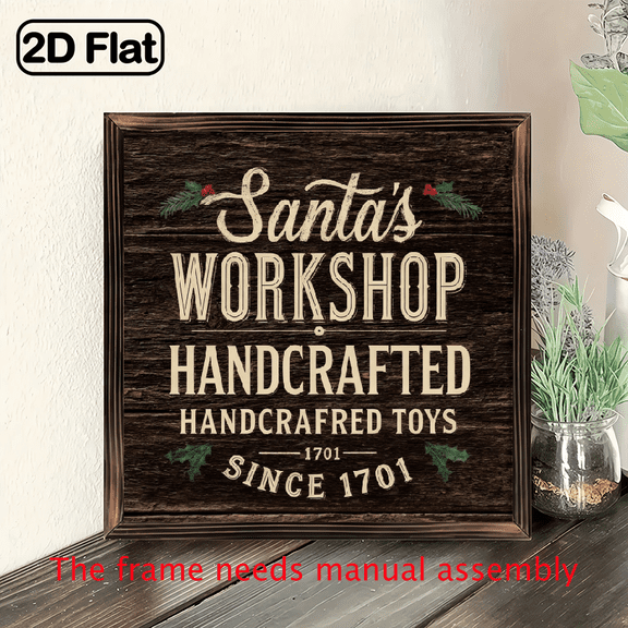 1pc Santa's Workshop Framed Wood Sign - Vintage Christmas Decor with Santa's Workshop Text - Farmhouse Wall Art - Recycled Wood Framed Plaque - 8x8 Inches - for Living Room, Bedroom, Housewarming