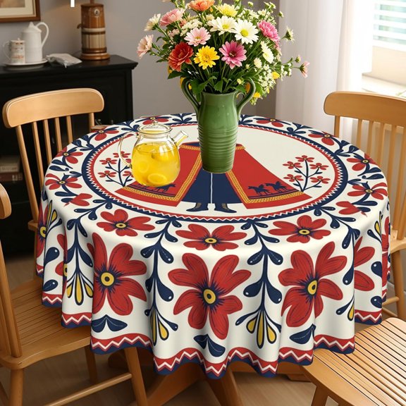 1pc Scandinavian Royal Flower Xmas 2D Printed Round Tablecloth, Pattern Cover for Kitchen Patio Holiday Dinners, Christmas Gift for Homeowners Festival Decor