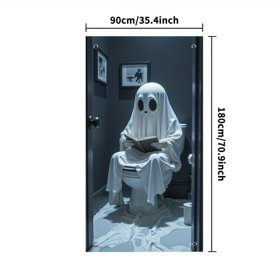 1pc Scary Ghost Party Banner Door Curtain - 100% Polyester, No Electricity Needed, Perfect for Halloween, Holiday Decorations, Bathroom & Entryway Use, Spooky Bathroom Decor|Playful Decoration